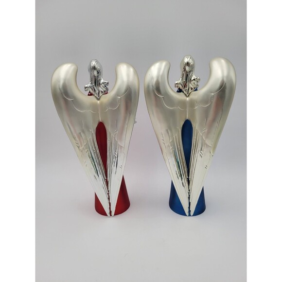 Lot Of 2 Plastic Silver Tone Angel Figurines Red & Blue Table Decorations 12" - Picture 7 of 13